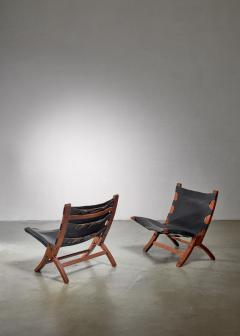 Pair of wood and leather sling chairs 1950s - 1143195