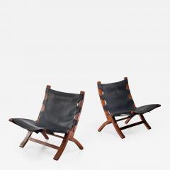 Pair of wood and leather sling chairs 1950s - 1143320