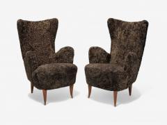 Paolo Buffa Italian Modern Espresso Shearling Walnut Organic Lounge Chairs Italy 1950s - 4252491