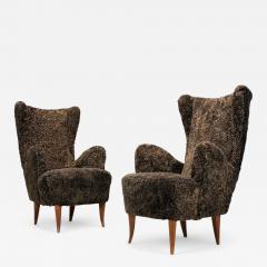 Paolo Buffa Italian Modern Espresso Shearling Walnut Organic Lounge Chairs Italy 1950s - 4252914