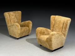 Paolo Buffa Paolo Buffa Attrib Beige Shearling Wood Lounge Chairs Italy 1950s - 4546529