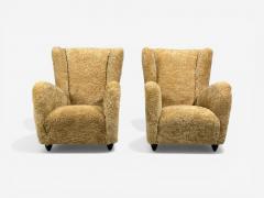 Paolo Buffa Paolo Buffa Attrib Beige Shearling Wood Lounge Chairs Italy 1950s - 4546535