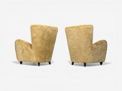 Paolo Buffa Paolo Buffa Attrib Beige Shearling Wood Lounge Chairs Italy 1950s - 4546538