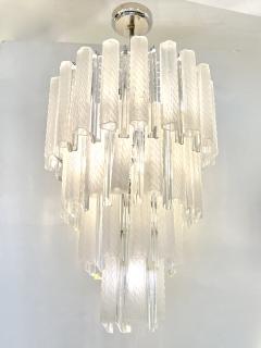 Paolo Venini Venini 1960s Cylinder Crystal and White Murano Glass Round Chandelier on Nickel - 3545818