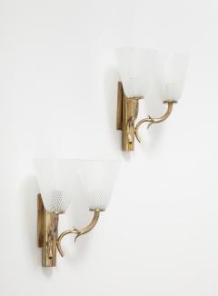 Paolo Venini Venini Reticello Glass and Brass Pair of Wall Sconces circa 1940 - 3999176