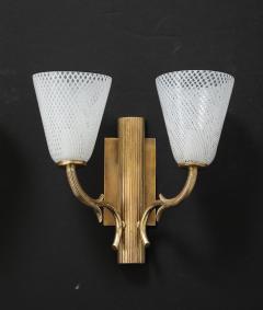 Paolo Venini Venini Reticello Glass and Brass Pair of Wall Sconces circa 1940 - 3999179