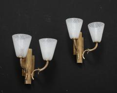 Paolo Venini Venini Reticello Glass and Brass Pair of Wall Sconces circa 1940 - 3999182