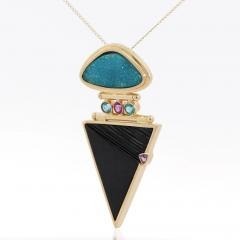 Paraiba Tourmaline and Onyx in 14K Retro Drop Pendant Necklace - 3991479