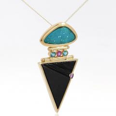 Paraiba Tourmaline and Onyx in 14K Retro Drop Pendant Necklace - 3991481