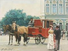Paris Street Scene Oil Painting of Horse and Carriage - 3372577