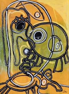 Parris Jaru I Swallowed a Gold Fish Surrealist Figurative Painting with Yellow and Green - 3819037