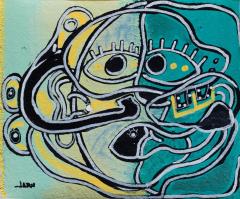 Parris Jaru Octopus Huggs Surrealist Blue and Yellow Figurative Painting - 3822529