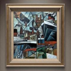 Pascal Jarrion Art Deco Style Cubist Oil Painting Along the Wharf The Harbor by P Jarrion - 4776219