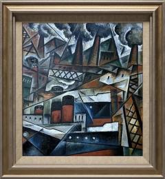 Pascal Jarrion Art Deco Style Cubist Oil Painting Along the Wharf The Harbor by P Jarrion - 4776220