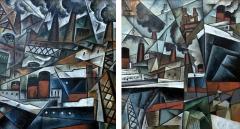 Pascal Jarrion Art Deco Style Cubist Oil Painting Along the Wharf The Harbor by P Jarrion - 4776290