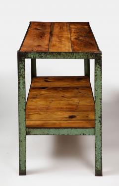 Patinated Metal and European Pine Industrial Side Table Console with Shelf - 3242811