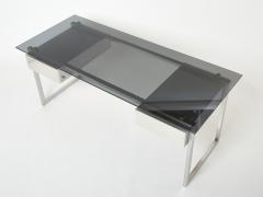 Patrice Maffei Desk table Patrice Maffei for Kappa brushed steel smoked glass 1970 - 2652532