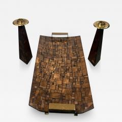 Paul Evans MID CENTURY PATCHWORK WOOD BRASS TRAY CANDLESTICKS MANNER OF PAUL EVANS - 3418972