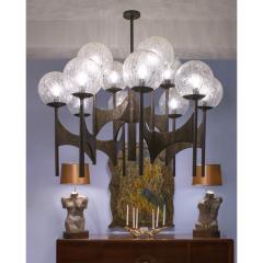 Paul Evans Paul Evans Rare Large Chandelier in Bronze with Crackled Glass Globes 1970s - 3943411