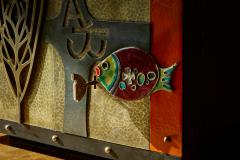 Paul Evans Stunning Mid Century Cabinet in Brass Metal Enamel and Gemstones Belgium 1960s - 4395052