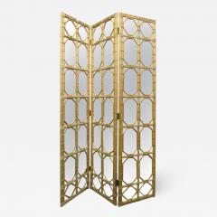 Paul Frankl 1960s Three Panel Rattan and Mirror Floor Screen Room Divider - 578277