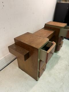 Paul Frankl ART DECO MODERNIST CORAL LEATHER BURLWOOD DESK VANITY MACHINE AGE HANDLES - 3555112