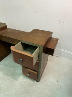 Paul Frankl ART DECO MODERNIST CORAL LEATHER BURLWOOD DESK VANITY MACHINE AGE HANDLES - 3555114