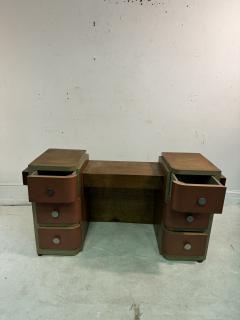 Paul Frankl ART DECO MODERNIST CORAL LEATHER BURLWOOD DESK VANITY MACHINE AGE HANDLES - 3555118