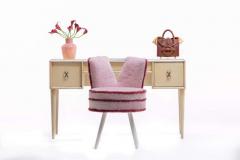 Paul Frankl Custom Vanity Stool in Pink Shearling with Burgundy Trim - 1976314