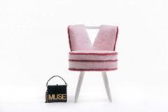 Paul Frankl Custom Vanity Stool in Pink Shearling with Burgundy Trim - 1976321