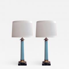 Paul Hanson An elegant pair of Paul Hanson columnar form pale blue glass lamps - 817157