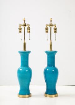 Paul Hanson Pair of Cerulean Blue crackle Glazed Ceramic Lamps - 3720884