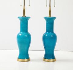 Paul Hanson Pair of Cerulean Blue crackle Glazed Ceramic Lamps - 3720886