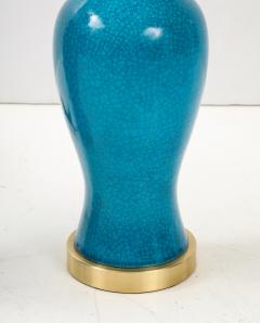 Paul Hanson Pair of Cerulean Blue crackle Glazed Ceramic Lamps - 3720888