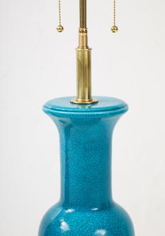 Paul Hanson Pair of Cerulean Blue crackle Glazed Ceramic Lamps - 3720892