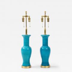 Paul Hanson Pair of Cerulean Blue crackle Glazed Ceramic Lamps - 3728553