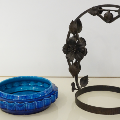 Paul Jean Milet French Art Nouveau Paul Milet Sevres Ceramic Flower Wrought Iron Turquoise Bowl - 2117324