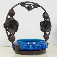 Paul Jean Milet French Art Nouveau Paul Milet Sevres Ceramic Flower Wrought Iron Turquoise Bowl - 2117332
