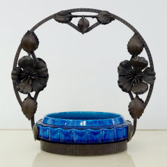 Paul Jean Milet French Art Nouveau Paul Milet Sevres Ceramic Flower Wrought Iron Turquoise Bowl - 2117354