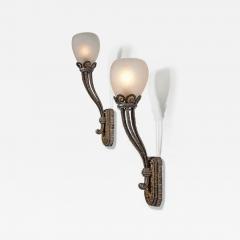 Paul Kiss Pair of Art Deco Patinated Wrought iron Acid Etched Glass Sconces by Paul Kiss - 4010388