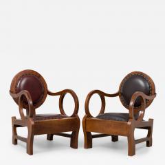 Paul L szl Pair of Hungarian Walnut Distressed Leather Art Deco Club Chairs Lajos Kozma - 4289852