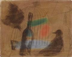 Paul Rand Untitled Wine Bottle and Bird outside of a Bird Cage in Moody Brown - 1302136