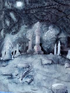Peggy Margaret Frances Bacon Cat Running at Night through Graveyard Original Art Female Illustrator - 4598659