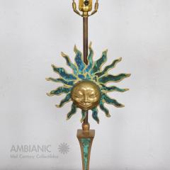 Pepe Mendoza PEPE MENDOZA Pair of Vibrant Sun God Table Lamps Bronze Malachite 1950s - 1541713