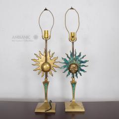 Pepe Mendoza PEPE MENDOZA Pair of Vibrant Sun God Table Lamps Bronze Malachite 1950s - 1541714