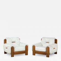 Percival Lafer Pair of Italian 1970s Walnut and White Leather Lounge Chairs - 2927572