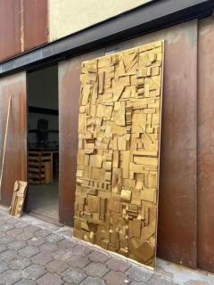 Peter Glassford Gold Brutalist Sculptural Collage Artwork Mural from Upcycled Wood - 3837630