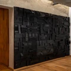 Peter Glassford Satin Black Brutalist Sculptural Collage Artwork Mural from Upcycled Wood - 3837802