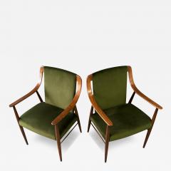 Peter Hvidt Pair of Danish Lounge Chairs in Walnut and Velvet in the Style of Peter Hvidt - 3940141