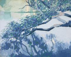 Peter Raynor Oil on Canvas A Serene Landscape Painting of a Tree Branch at Waters Edge - 680632